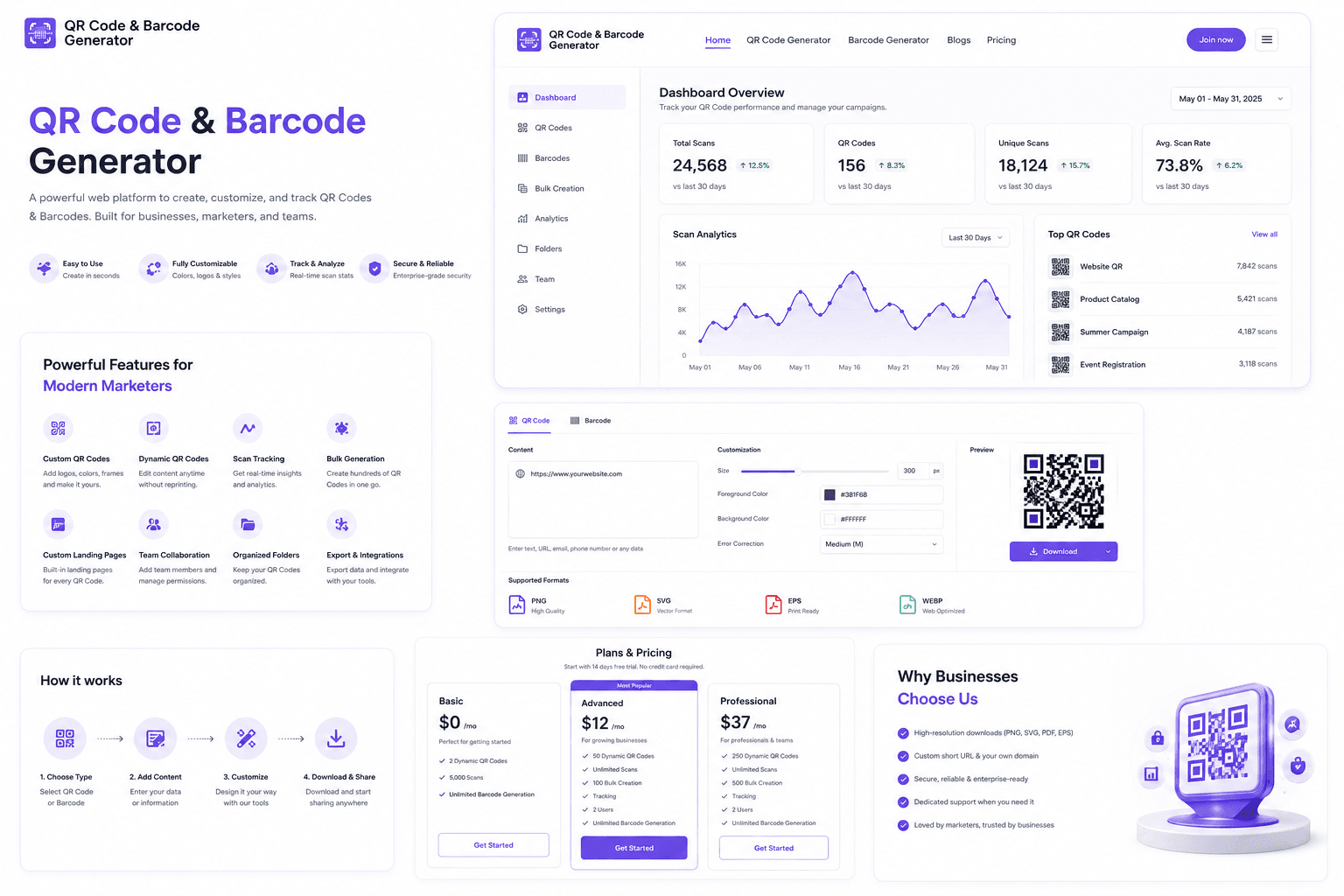QrVertex QR code generator and analytics dashboard interface