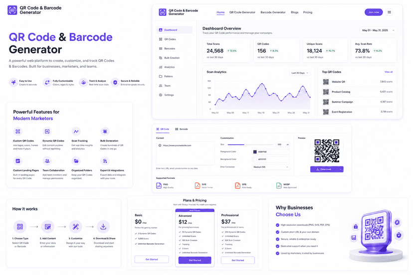 QrVertex QR code generator and analytics dashboard interface