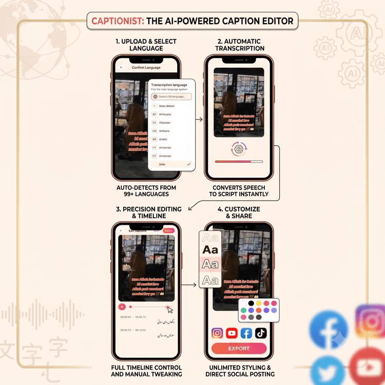 Captionist caption generation app supporting multiple languages and scripts