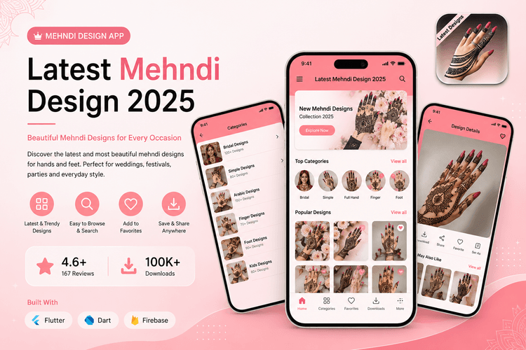 Latest Mehndi Design Android app showing categorized mehndi design library
