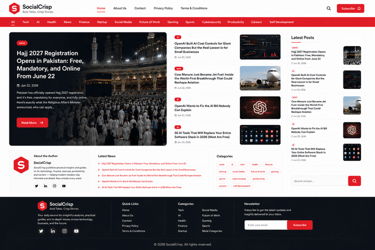 Social Crisp blogging and news platform dashboard built with Next.js