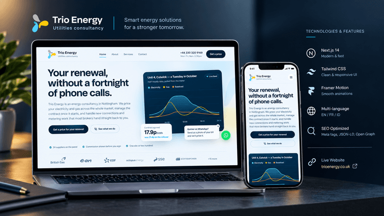 Trio Energy consultancy website landing page showing commercial utilities management and renewal services