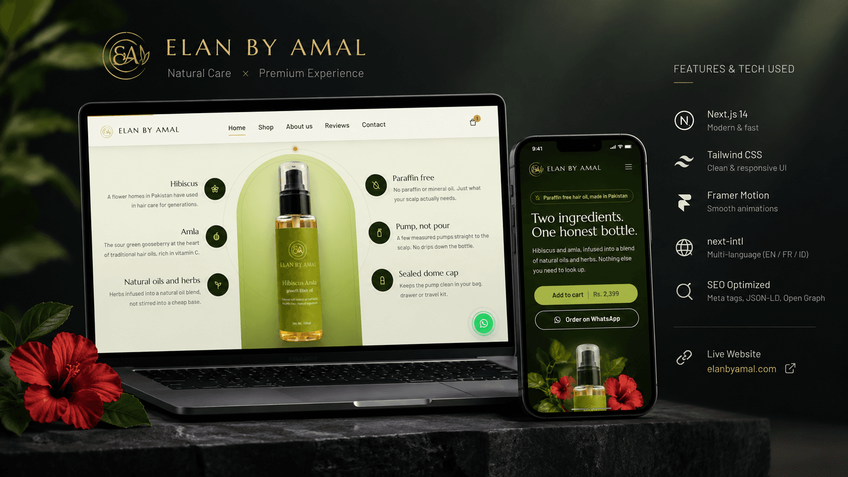Elan by Amal D2C Haircare E-Commerce Storefront and WhatsApp Checkout Interface