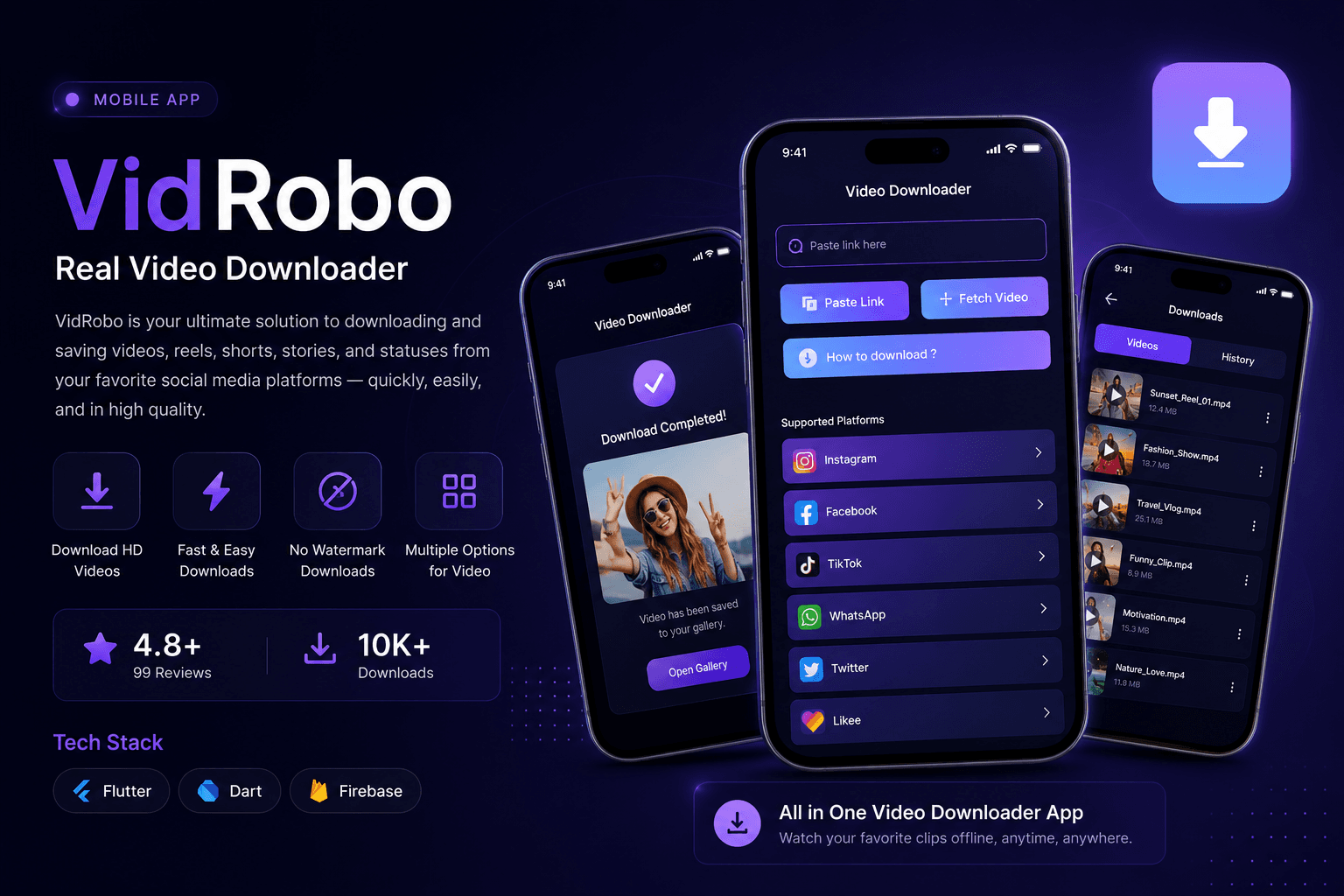 Vidrobo Video and Audio Downloader App Screens